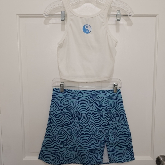 SHEIN Yin & Yang Embroidery Crop Tank & Wave Print Notched Hem Skirt Set Size S - Picture 6 of 13